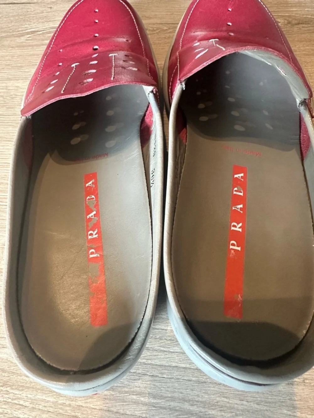 Prada Red Perforated Leather Slip-On Mules - Picture 8 of 8